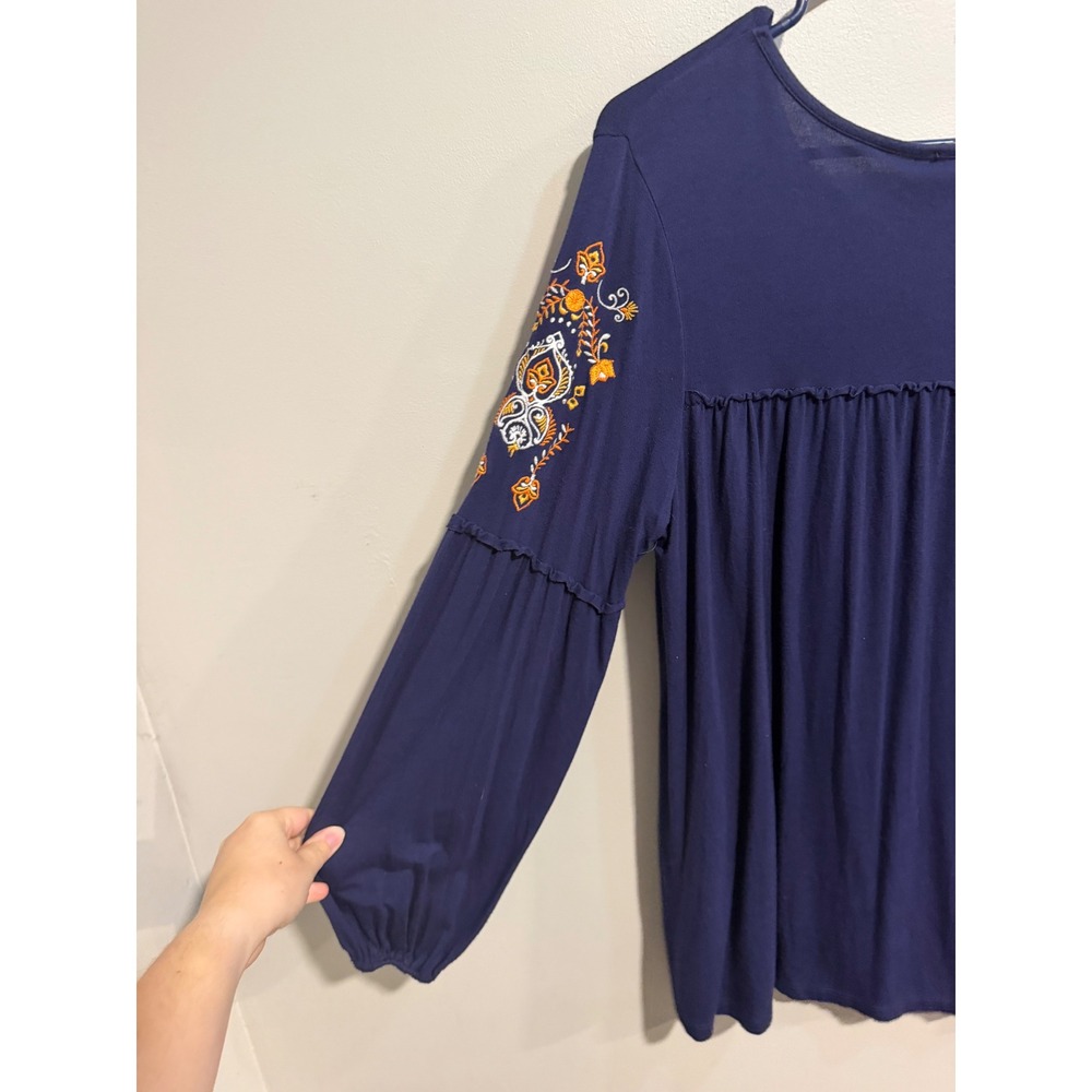 Lee Womens Navy Blue Embroidered Long Sleeve Boho V-Neck Blouse Small - Picture 4 of 9